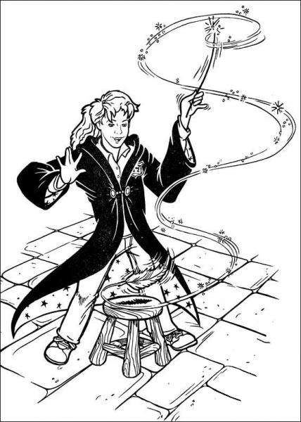 Hermione uses her magic stick coloring page image