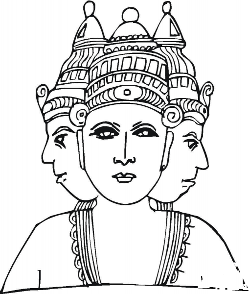 Hindu Deity With Three Heads  coloring page image