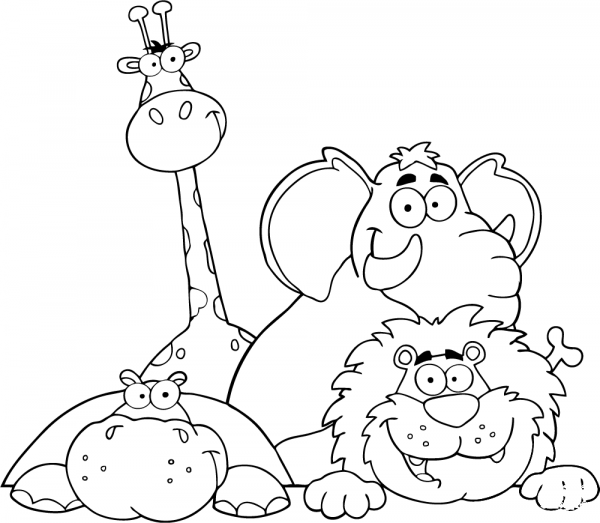 Hippo, Giraffe, Elephant and Lion coloring page image