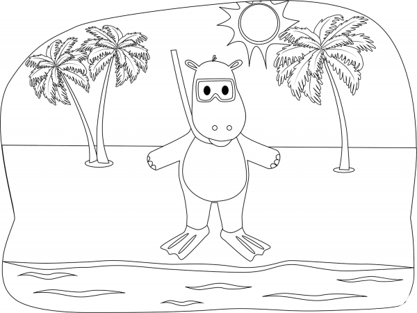 Hippo on the Beach coloring page image