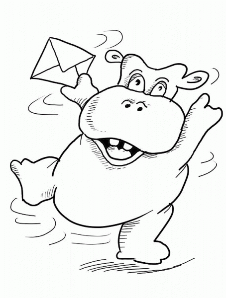 Hippopotamus Holds A Letter coloring page image