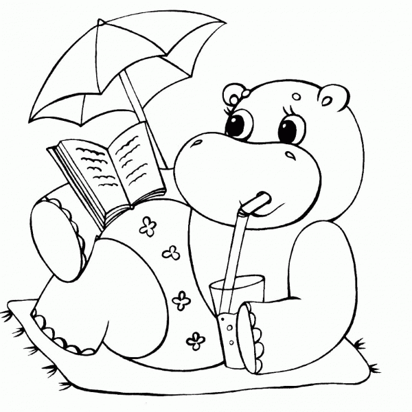Hippopotamus Under Umbrella coloring page image