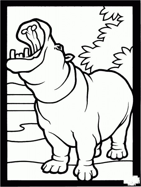 Hippopotamus yawning coloring page image