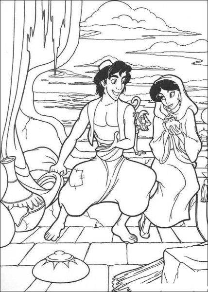 Aladdin and Jasmine coloring page image