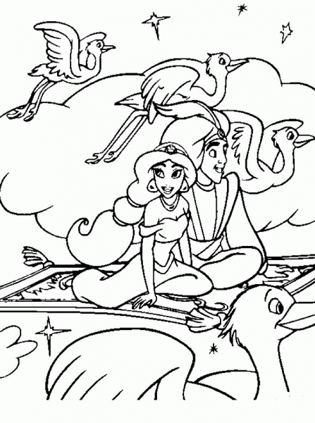 Aladdin and Jasmine in the sky coloring page image