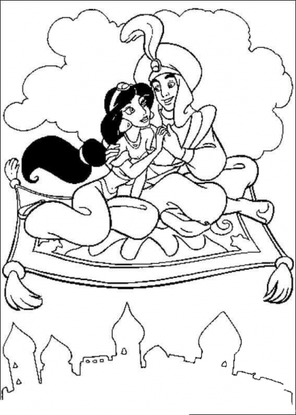 Aladdin and Jasmine on a flying carpet coloring page image