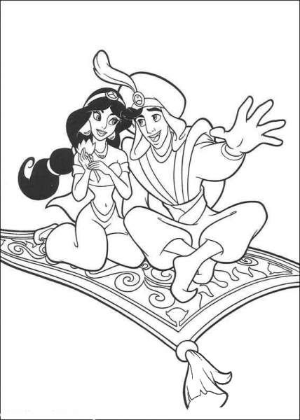 Aladdin And Jasmine on the carpet coloring page image