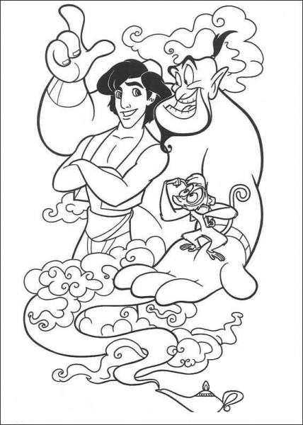 Aladdin, Genie and Abu  coloring page image