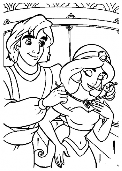 Aladdin gives a necklace to Jasmine coloring page image