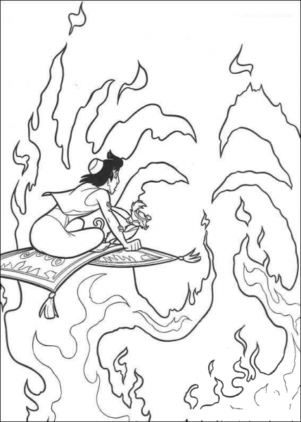 Aladdin is passing through the fire  coloring page image