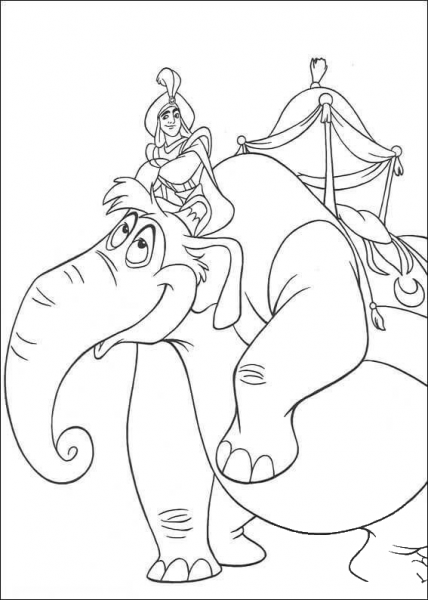 Aladdin Is Riding An Elephant  coloring page image