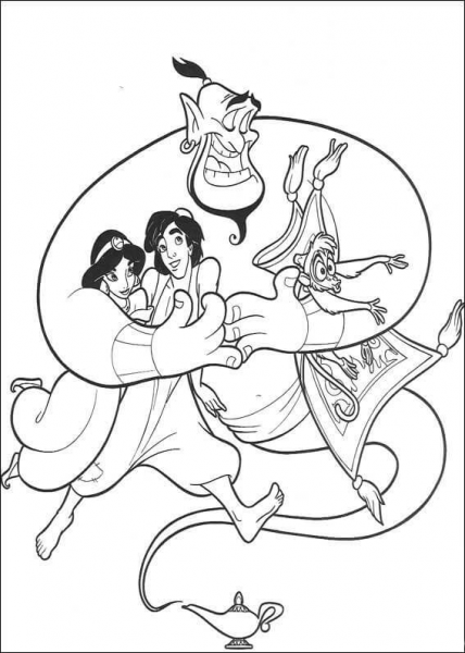 Aladdin, Jasmine, Abu and the Carpet  coloring page image