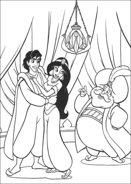Aladdin, Jasmine and the Sultan  coloring page image