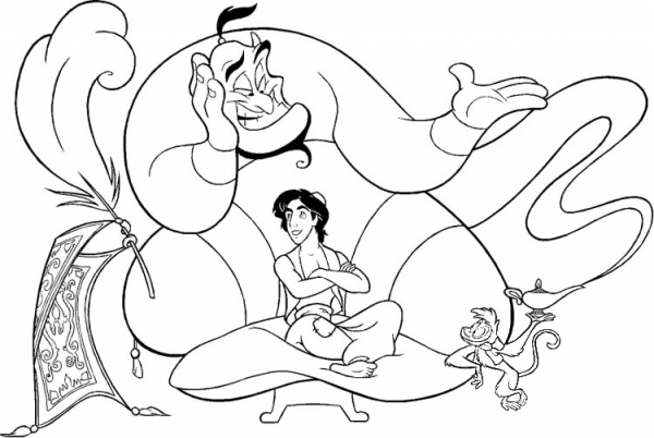 Aladdin with his genie  coloring page image