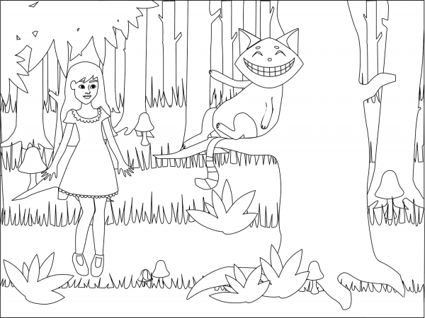 Alice in Wonderland and the Cheshire Cat coloring page image