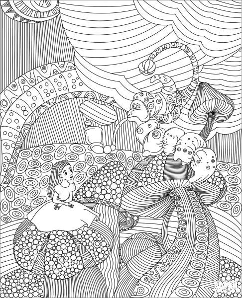 Alice Meets the Blue Caterpillar coloring page image