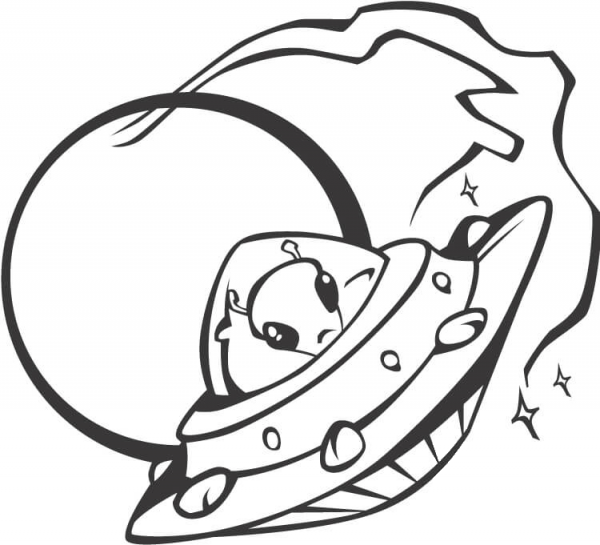 Alien in flying saucer coloring page image