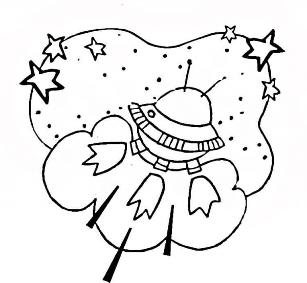 Alien Spaceship in Outer Space coloring page image