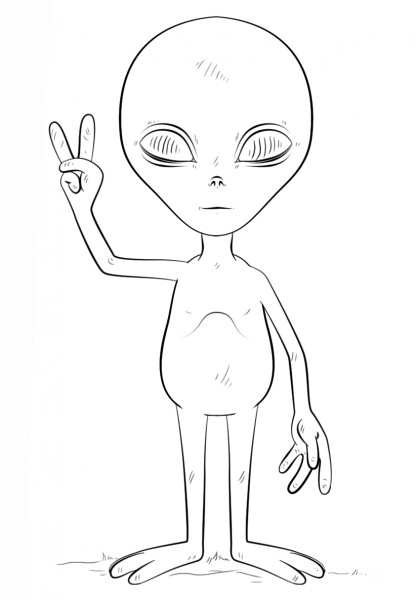 Alien with Peace Sign coloring page image