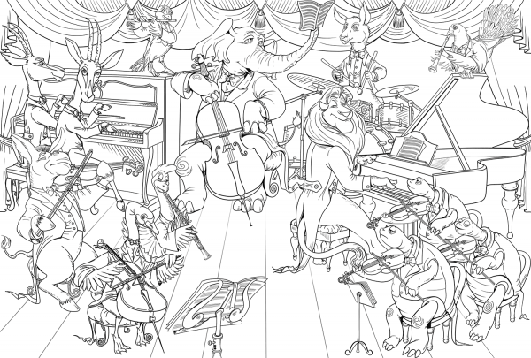 All Animals Playing Musical Instruments Together coloring page image
