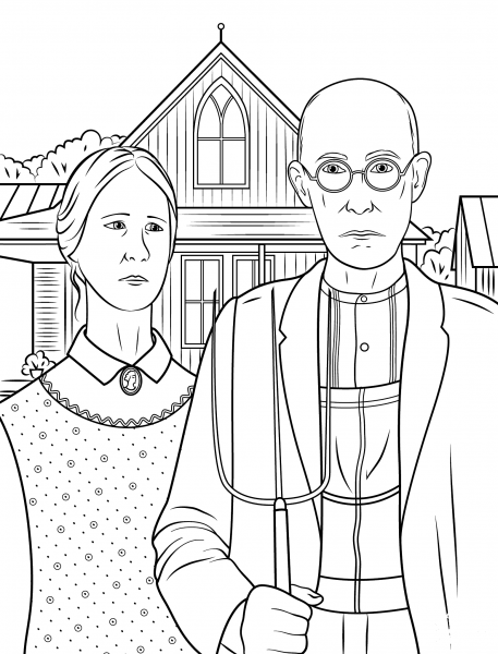 American Gothic by Grant Wood coloring page image