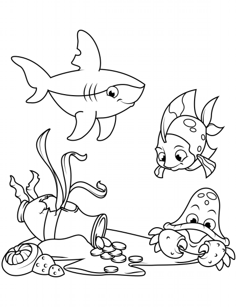 Amphora with Coins on Sea Bottom coloring page image