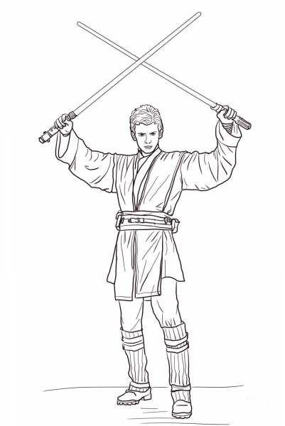Anakin Skywalker with Two Lightsabers coloring page image