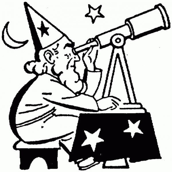 Ancient astronomer is observing the sky using a telescope coloring page image
