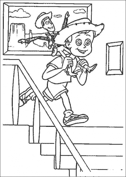 Andy With Woody Sheriff  coloring page image