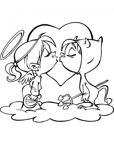 Angel and Devil Kissing coloring page image