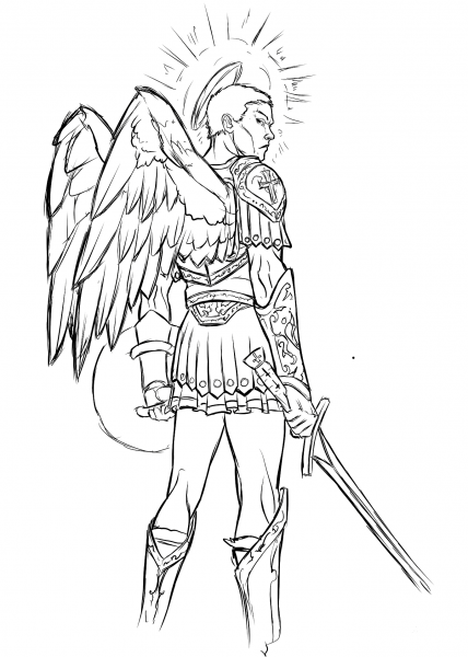 Angel with Sword and Shield coloring page image