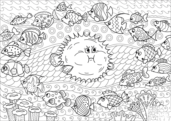 Angry Porcupine Fish coloring page image