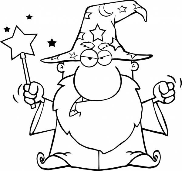 Angry Wizard Waving with Magic Wand coloring page image