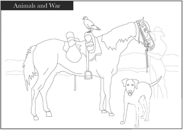 Animals and War coloring page image