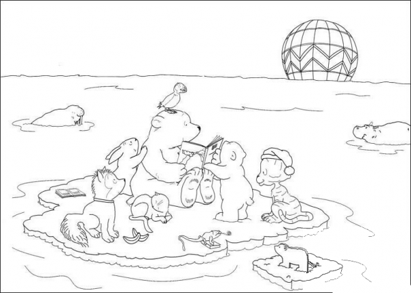 Animals on the ice coloring page image