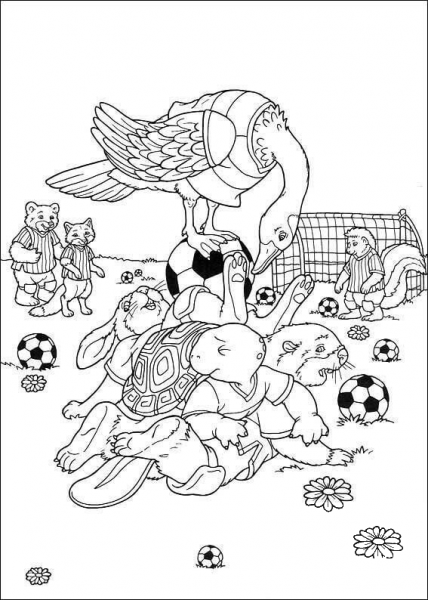 Animals play soccer (football) coloring page image