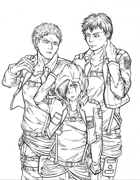 Annie Leonhardt (Lady in the middle), Reiner Braun, Bertholdt Fubar (Hoover) from Manga Shingeki no Kyojin coloring page image