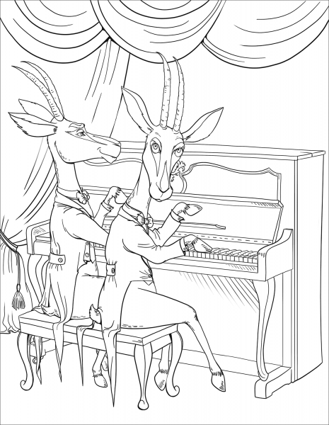 Antelopes at the Piano coloring page image