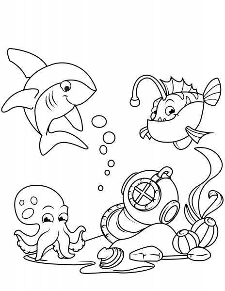 Antique Divers Helmet on Sea Bottom coloring page image