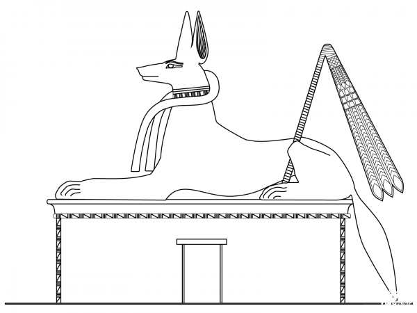 Anubis as a black-coated jackal coloring page image