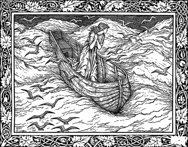 Anxious Looking Woman Stands in a Boat Drifting on a Stormy Sea coloring page image