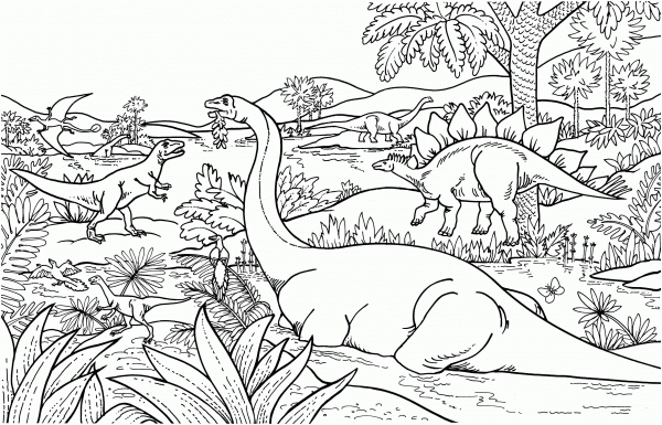Apatosaurus-Brontosaurus, Rhamphorhynchus, Allosaurus, Stegosaurus, Archaeopteryx and Coelurus coloring page image