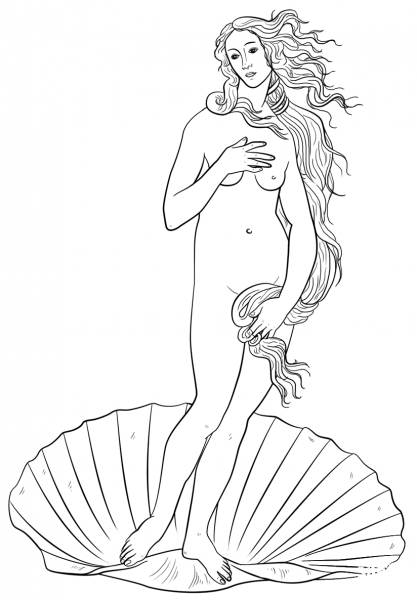 Aphrodite from the Birth of Venus by Sandro Botticelli coloring page image