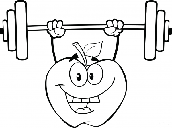 Apple Cartoon Character Lifting Weights coloring page image