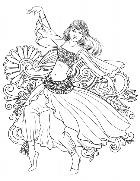 Arabic Woman Dancing Belly Dance coloring page image