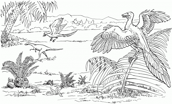 Archaeopteryx and Compsognathus coloring page image
