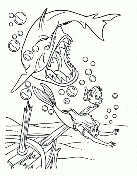 Ariel and Flounder are escaping a shark  coloring page image