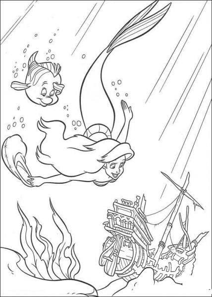Ariel And Flounder Are Swimming Together  coloring page image