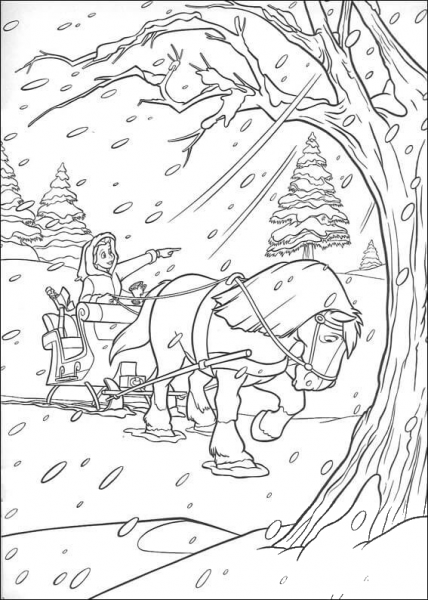 Horse and carriage in winter coloring page image