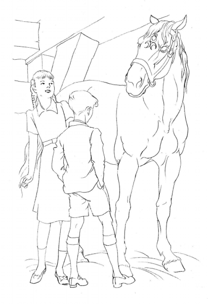 Horse And Kids coloring page image